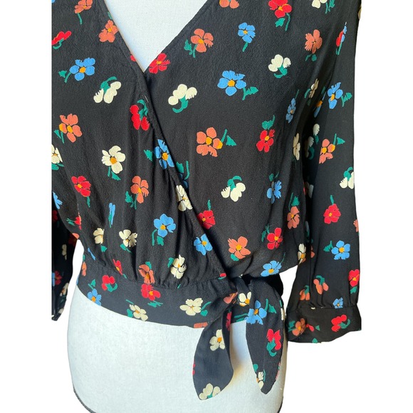 Madewell Black Colorful Floral Wrap Top in Pressed Flowers Size XXS 3/4 Sleeve - Picture 4 of 7